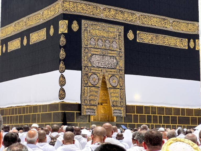 A gathering of pilgrims around the sacred Kaaba in Mecca, a significant Islamic site.