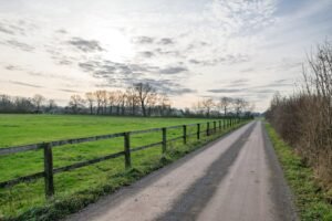A peaceful rural scene with a dirt road and wooden fence at sunrise, surrounded by fields.